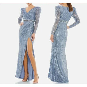 MAC DUGGAL SEQUIN‎ PUFF SLEEVE SURPLICE GOWN 93549 NWT SZ 16 BLUE